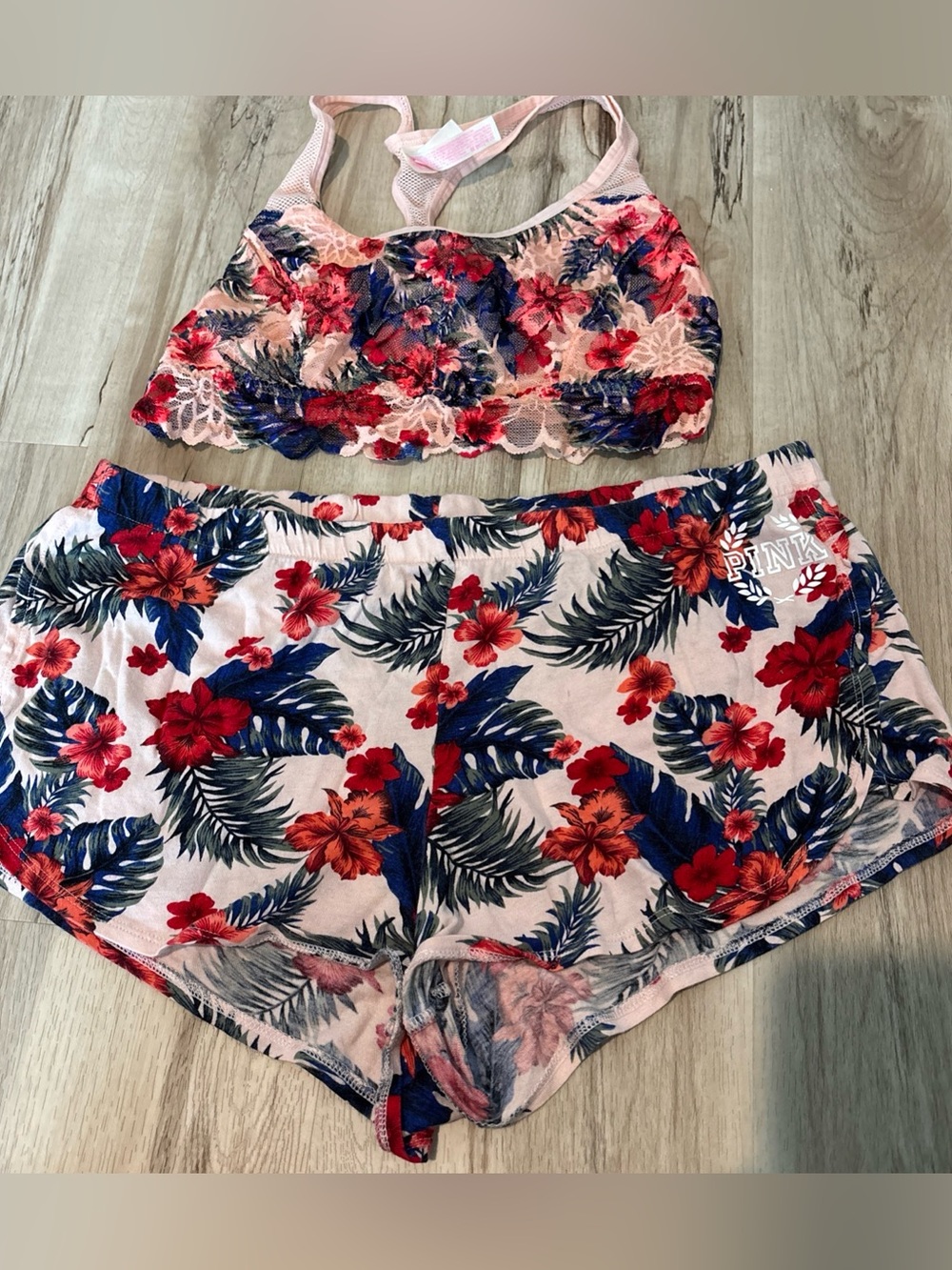 PINK Victoria's Secret Pink Floral Lace Bralette with Tropical Print Shorts